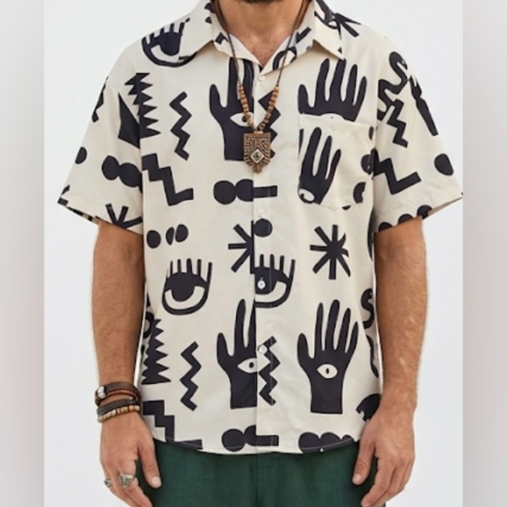 Aelfric Eden Beige Short-Sleeve Button-Up Shirt with Black Graphic Print